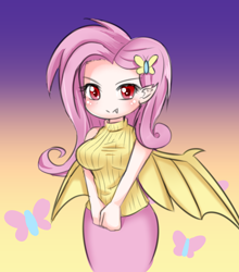 Size: 4360x4961 | Tagged: safe, artist:abyssalrabbit, fluttershy, bat pony, butterfly, human, g4, absurd resolution, anime, bat ponified, breasts, busty fluttershy, clothes, cute, female, flutterbat, gradient background, humanized, looking at you, pixiv, race swap, shyabates, shyabetes, sleeveless sweater, solo, sweater, sweatershy, turtleneck, winged humanization, wings