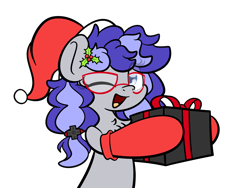Size: 2048x1536 | Tagged: safe, artist:php142, part of a set, oc, oc only, oc:cinnabyte, earth pony, pony, adorkable, chest fluff, christmas, cinnabetes, clothes, cute, dork, earth pony oc, glasses, holiday, one eye closed, present, simple background, smiling, socks, solo, transparent background, wink, ych result