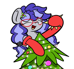 Size: 1640x1536 | Tagged: safe, artist:php142, part of a set, oc, oc only, oc:cinnabyte, earth pony, pony, adorkable, blinking, christmas, christmas tree, cinnabetes, clothes, cute, dork, earth pony oc, female, glasses, holiday, lights, mare, meganekko, simple background, socks, solo, transparent background, tree, ych result