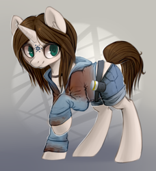 Size: 776x850 | Tagged: safe, artist:ls_skylight, pony, unicorn, clothes, devil may cry, dmc, kat (devil may cry), looking at you, ponified, solo