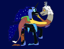 Size: 1280x976 | Tagged: safe, discord, nightmare moon, alicorn, draconequus, pony, g4, clothes, eris, female, human to pony, rule 63, torn clothes, transformation