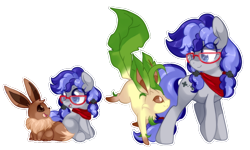Size: 866x520 | Tagged: safe, artist:loyaldis, oc, oc only, oc:cinnabyte, eevee, leafeon, age progression, bandana, cute, female, filly, glasses, heart eyes, mare, pigtails, pokémon, simple background, sitting, transparent background, twintails, white outline, wingding eyes
