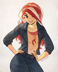 Size: 1040x1275 | Tagged: safe, artist:nakanoart, sunset shimmer, equestria girls, g4, beautiful, colored pupils, cute, cutie mark, cutie mark on clothes, eye clipping through hair, female, hair over one eye, hand on hip, hips, looking at you, nail polish, one eye closed, shimmerbetes, signature, simple background, smiling, solo, white background, wink