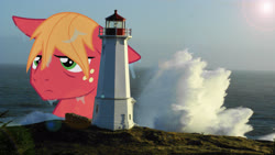 Size: 2844x1600 | Tagged: safe, artist:snx11, edit, big macintosh, earth pony, pony, g4, giant pony, highrise ponies, irl, lighthouse, macro, ocean, photo, ponies in real life, really big mac, vector, wave, wet, wet mane