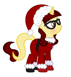 Size: 1265x1381 | Tagged: safe, artist:darbypop1, oc, oc only, oc:aria, pony, unicorn, christmas, clothes, costume, female, glasses, holiday, mare, santa costume, simple background, solo, transparent background