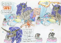 Size: 3483x2500 | Tagged: safe, artist:grimmyweirdy, smarty pants, oc, oc:nyx, oc:starburst, alicorn, pony, g4, angry, bed, bedroom, doll, high res, kissing, luggage, nightstand, offspring, one eye closed, parent:flash sentry, parent:twilight sparkle, parents:flashlight, toy, traditional art, wink