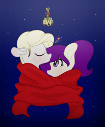 Size: 1261x1521 | Tagged: safe, artist:darbypop1, oc, oc only, oc:like, oc:violet moon, pony, bse uses, female, hared scarf, kissing, male, mare, stallion