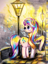 Size: 1920x2560 | Tagged: safe, artist:stardust0130, starlight glimmer, pony, unicorn, g4, clothes, female, night, scarf, snow, solo, streetlight, traditional art, winter