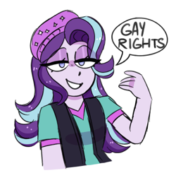 Size: 400x392 | Tagged: safe, artist:emera33, starlight glimmer, equestria girls, g4, beanie, clothes, dialogue, female, gay rights, hat, lgbt, lidded eyes, mouthpiece, positive ponies, pride, solo, speech bubble, text