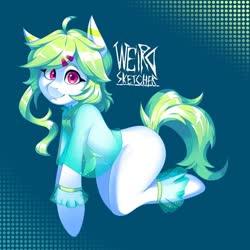 Size: 1080x1080 | Tagged: safe, alternate version, artist:weirdsketcher, oc, oc only, earth pony, pony, semi-anthro, abstract background, anklet, arm hooves, blank flank, bracelet, clothes, commission, female, hairclip, jewelry, looking at you, mare, see-through, see-through shirt, shirt, smiling, solo