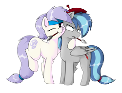 Size: 2372x1816 | Tagged: safe, artist:pencil bolt, oc, oc only, oc:artstina, oc:dusty color, earth pony, pegasus, pony, 2020 community collab, derpibooru community collaboration, beret, brush, dustina, female, hat, headband, male, simple background, smiling, transparent background