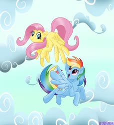 Size: 1280x1400 | Tagged: safe, artist:neondromeda, fluttershy, rainbow dash, pegasus, pony, g4, cloud, cutie mark, duo, female, flying, looking at each other, mare, open mouth, signature, sky, smiling