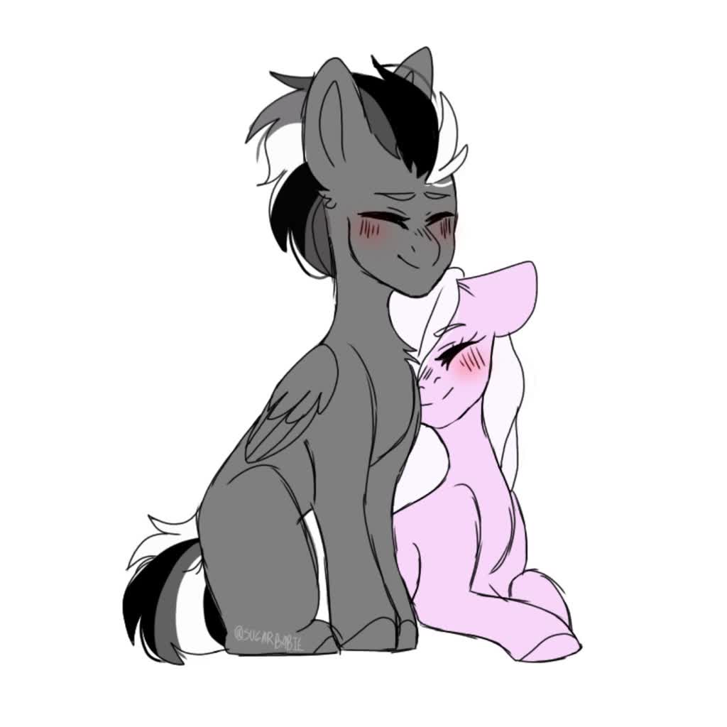 2227742 - safe, artist:sugarbabie, oc, oc only, oc:eclipse, oc:silver  cloud, pegasus, pony, chest fluff, couple, cute, duo, eyes closed, love,  nuzzling, prone, simple background, sitting, white background - Derpibooru