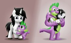 Size: 800x482 | Tagged: safe, artist:jhayarr23, spike, oc, oc:soul glow, dragon, pony, unicorn, g4, canon x oc, gay, holding a pony, male, older, shipping, stallion