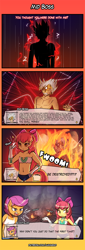 Size: 550x1622 | Tagged: safe, artist:lumineko, apple bloom, scootaloo, apple bloomers, g4, apple buruma project, boss, boss battle, clothes, comic, end game, partial nudity, reference, thanos, topless