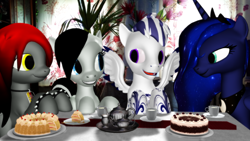 Size: 1280x720 | Tagged: safe, artist:feuerrader-nmm, princess luna, oc, oc:crystal moon, pegasus, pony, g4, 3d, cake, crysuna, female, food, male, mare, stallion