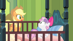 Size: 1920x1080 | Tagged: safe, screencap, applejack, sweetie belle, pony, unicorn, g4, somepony to watch over me, bed, female, filly, mare, shocked