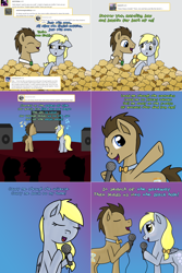 Size: 1902x2854 | Tagged: safe, artist:crescentscipt, derpy hooves, doctor whooves, time turner, earth pony, pony, lovestruck derpy, g4, food, microphone, muffin