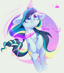 Size: 781x887 | Tagged: safe, artist:ls_skylight, oc, oc only, pony, unicorn, female, floppy ears, magic, magic aura, mare, multicolored hair, multicolored tail, solo, stars