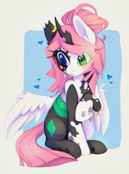 Size: 738x1000 | Tagged: safe, artist:ls_skylight, oc, oc only, changeling, abstract background, blushing, changeling oc, double colored changeling, ear fluff, ear piercing, female, heart, piercing, sitting, solo, spread wings, wings