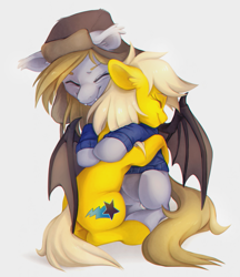 Size: 881x1019 | Tagged: safe, artist:ls_skylight, oc, oc:ellis, oc:lightning star, bat pony, pony, bat pony oc, bipedal, bottomless, clothed male nude female, clothes, cute, cute little fangs, duo, duo male and female, ear fluff, ellning, eyes closed, fangs, featureless crotch, female, hat, hat with ear flaps, hug, long mane, male, nudity, oc x oc, partial nudity, shipping, simple background, smiling