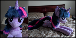 Size: 3000x1500 | Tagged: safe, artist:joltage, twilight sparkle, alicorn, pony, g4, bed, irl, life size, photo, plushie, solo, twilight sparkle (alicorn)