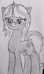 Size: 1693x2816 | Tagged: safe, artist:zeka10000, oc, oc only, unnamed oc, pony, unicorn, female, graph paper, mare, monochrome, solo, standing, traditional art