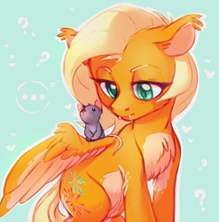 Size: 821x830 | Tagged: safe, artist:ls_skylight, oc, oc only, oc:marry flare, bat pony, mouse, pony, ..., abstract background, fangs, female, fluffy, looking at something, mare, slit pupils, solo