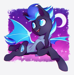 Size: 718x728 | Tagged: safe, artist:ls_skylight, oc, oc only, oc:comet clipper, bat pony, pony, clothes, crescent moon, cute, cute little fangs, fangs, flying, moon, open mouth, slit pupils, solo, spread wings, stars, wings