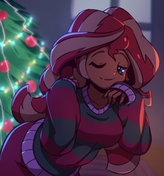 Size: 2800x3000 | Tagged: safe, artist:rockset, sunset shimmer, equestria girls, g4, busty sunset shimmer, christmas, christmas sweater, christmas tree, clothes, cute, female, high res, holiday, looking at you, one eye closed, shimmerbetes, solo, sweater, tree, wink
