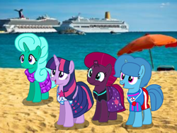 Size: 1440x1080 | Tagged: safe, artist:徐詩珮, fizzlepop berrytwist, glitter drops, spring rain, tempest shadow, twilight sparkle, alicorn, pony, unicorn, series:sprglitemplight diary, series:sprglitemplight life jacket days, series:springshadowdrops diary, series:springshadowdrops life jacket days, g4, alternate universe, base used, beach, bisexual, broken horn, clothes, cute, equestria girls outfit, female, glitterbetes, horn, lesbian, lifeguard, lifeguard spring rain, polyamory, ship:glitterlight, ship:glittershadow, ship:sprglitemplight, ship:springdrops, ship:springlight, ship:springshadow, ship:springshadowdrops, ship:tempestlight, shipping, springbetes, swimsuit, tempestbetes, twilight sparkle (alicorn)