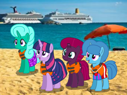 Size: 1440x1080 | Tagged: safe, artist:徐詩珮, fizzlepop berrytwist, glitter drops, spring rain, tempest shadow, twilight sparkle, alicorn, pony, unicorn, series:sprglitemplight diary, series:sprglitemplight life jacket days, series:springshadowdrops diary, series:springshadowdrops life jacket days, g4, alternate universe, base used, beach, bisexual, broken horn, clothes, cute, equestria girls outfit, female, glitterbetes, horn, lesbian, lifeguard, lifeguard spring rain, lifejacket, polyamory, ship:glitterlight, ship:glittershadow, ship:sprglitemplight, ship:springdrops, ship:springlight, ship:springshadow, ship:springshadowdrops, ship:tempestlight, shipping, springbetes, swimsuit, tempestbetes, twilight sparkle (alicorn)