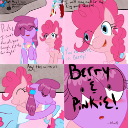 Size: 1602x1602 | Tagged: safe, artist:sober-berry-punch, berry punch, berryshine, pinkie pie, pony, g4, clothes, dress, female, gala dress, hug, lesbian, ship:berrypie, shipping
