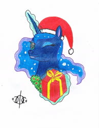 Size: 1123x1447 | Tagged: safe, artist:assertiveshypony, princess luna, alicorn, pony, g4, christmas, christmas wreath, drawing, female, glowing, glowing horn, grin, hat, holiday, horn, looking at you, magic, magic aura, mare, one eye closed, santa hat, simple background, smiling, smiling at you, solo, telekinesis, traditional art, white background, wreath