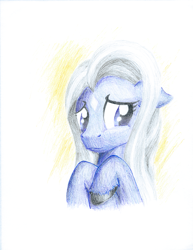 Size: 1483x1920 | Tagged: safe, artist:phat_guy, derpibooru exclusive, oc, oc only, oc:moon flower, pony, 2019, bust, coat markings, colored pencil drawing, facial markings, floppy ears, gift art, looking away, portrait, raised foreleg, raised leg, shy, solo, star (coat marking), traditional art