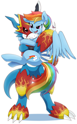 Size: 1256x2000 | Tagged: safe, artist:vavacung, rainbow dash, flamedramon, pegasus, pony, g4, crossover, digimon, female, implied shipping, male
