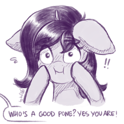 Size: 1024x1024 | Tagged: safe, artist:dsp2003, oc, oc:fizzy pop, pony, unicorn, blushing, comic, cute, exclamation point, female, floppy ears, hnnng, looking at you, mare, monochrome, offscreen character, pone, simple background, single panel, sketch, speech bubble, white background, who's a good pony