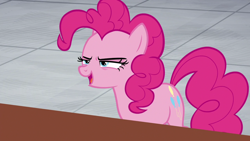 Size: 1920x1080 | Tagged: safe, screencap, pinkie pie, earth pony, pony, g4, the last laugh, female, mare, narrowed eyes, open mouth, solo