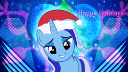 Size: 3840x2160 | Tagged: safe, artist:hunterz263, artist:laszlvfx, edit, minuette, pony, unicorn, g4, bedroom eyes, christmas, cute, female, hat, high res, holiday, mare, santa hat, show accurate, solo, wallpaper, wallpaper edit