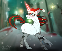Size: 1200x1000 | Tagged: safe, artist:sunny way, oc, oc only, oc:blackjack, pony, unicorn, fallout equestria, fallout equestria: project horizons, augmented, blood, christmas, hat, holiday, horn, level 2 (project horizons), long horn, magic, new year, red hat, santa hat, solo, town