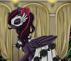 Size: 1400x1200 | Tagged: safe, artist:jagga-chan, oc, oc only, oc:duskwing, pegasus, pony, clothes, dress, female, flower, flower in hair, gala dress, mare, mask, solo