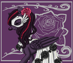 Size: 1400x1200 | Tagged: safe, artist:jagga-chan, oc, oc only, oc:duskwing, pegasus, pony, clothes, dress, female, flower, flower in hair, gala dress, mare, mask, solo