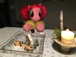 Size: 4032x3024 | Tagged: safe, pacific glow, earth pony, pony, g4, cake, candle, christmas, female, food, holiday, irl, mare, photo, pink coat, plushie, stollen, waifu dinner