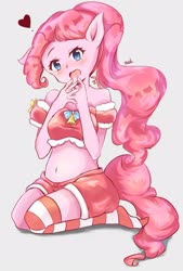 Size: 1378x2039 | Tagged: safe, artist:moh_mlp2, pinkie pie, anthro, g4, bare shoulders, belly button, christmas, clothes, cute, diapinkes, female, heart, holiday, looking at you, open mouth, ponytail, shorts, sitting, socks, solo, striped socks