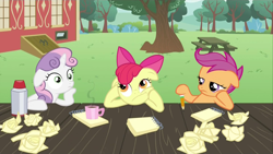 Size: 1920x1080 | Tagged: safe, screencap, apple bloom, scootaloo, sweetie belle, earth pony, pegasus, pony, unicorn, g4, my little pony: friendship is magic, ponyville confidential, coffee, coffee mug, cutie mark crusaders, exploitable meme, female, filly, hoof on cheek, meme, meme origin, mug, notepad, paper, paper ball, pencil, picnic table, sudden clarity sweetie belle, table, thinking