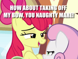 Size: 1393x1067 | Tagged: safe, edit, edited screencap, screencap, apple bloom, sweetie belle, g4, growing up is hard to do, adorabloom, adoralustful, adorasexy, caption, cropped, cute, diasweetes, image macro, implied sweetiebloom, older, older apple bloom, older sweetie belle, sexy, shipping, text, we don't normally wear clothes