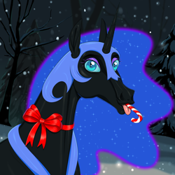 Size: 3000x3000 | Tagged: safe, artist:moonhoek, nightmare moon, alicorn, horse, pony, g4, bow, bust, candy, candy cane, christmas, commission, digital art, female, food, forest, hat, high res, hoers, holiday, looking at you, majestic as fuck, mare, nicemare moon, portrait, ribbon, snow, snowfall, solo, tongue out, tree, ych result