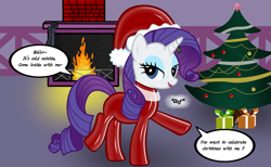 Size: 3840x2360 | Tagged: safe, artist:damlanil, rarity, pony, unicorn, g4, bedroom eyes, christmas, christmas stocking, christmas tree, clothes, comic, dialogue, female, fire, fireplace, hat, high heels, high res, holiday, horn, latex, latex suit, makeup, mare, mistletoe, one-panel comic, present, raised hoof, rubber, santa hat, shoes, solo, sweat, symbiote, test tube, tree