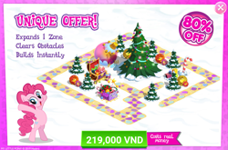 Size: 1553x1028 | Tagged: safe, gameloft, pinkie pie, earth pony, pony, g4, advertisement, christmas, christmas tree, costs real money, crack is cheaper, holiday, sale, snow, tree