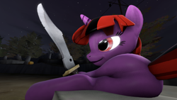 Size: 1334x750 | Tagged: safe, artist:theinvertedshadow, twilight sparkle, pony, unicorn, elements of insanity, g4, 3d, bedroom eyes, brutwilight sharple, butt, female, gmod, illusion, link in source, machete, mare, plot, red eyes, smiling, solo, source filmmaker, stupid sexy twilight, sword, tomboy, unicorn twilight, union of the elements of insanity, weapon, youtube link